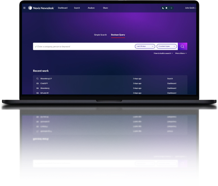 Laptop displaying the Nexis Newsdesk media monitoring software interface